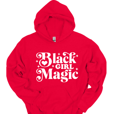 Black Girl Magic unisex red hoodie with bold white lettering 