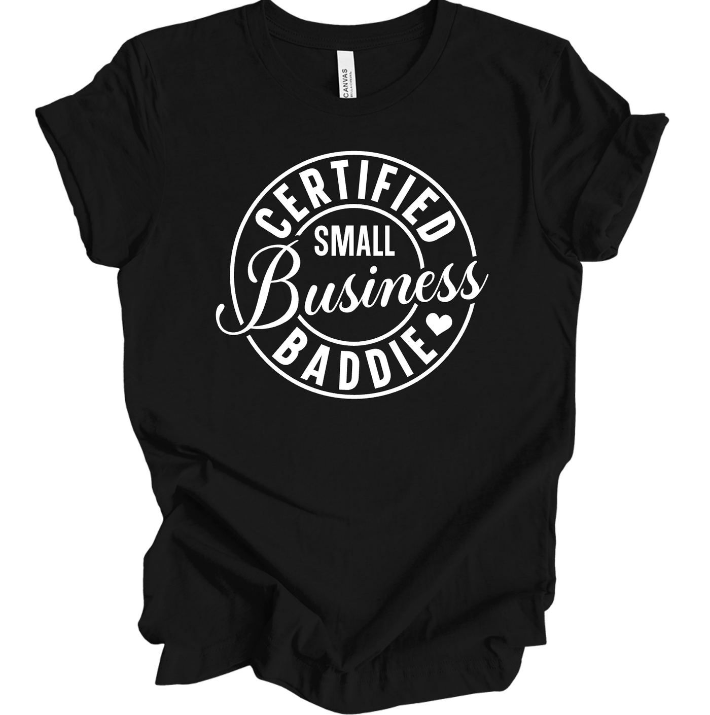Black shirt with a logo that says "Certified Small Business Baddie".