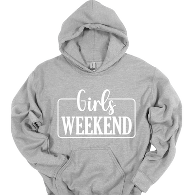 Girls Weekend unisex gray hoodie with white framed graphic
