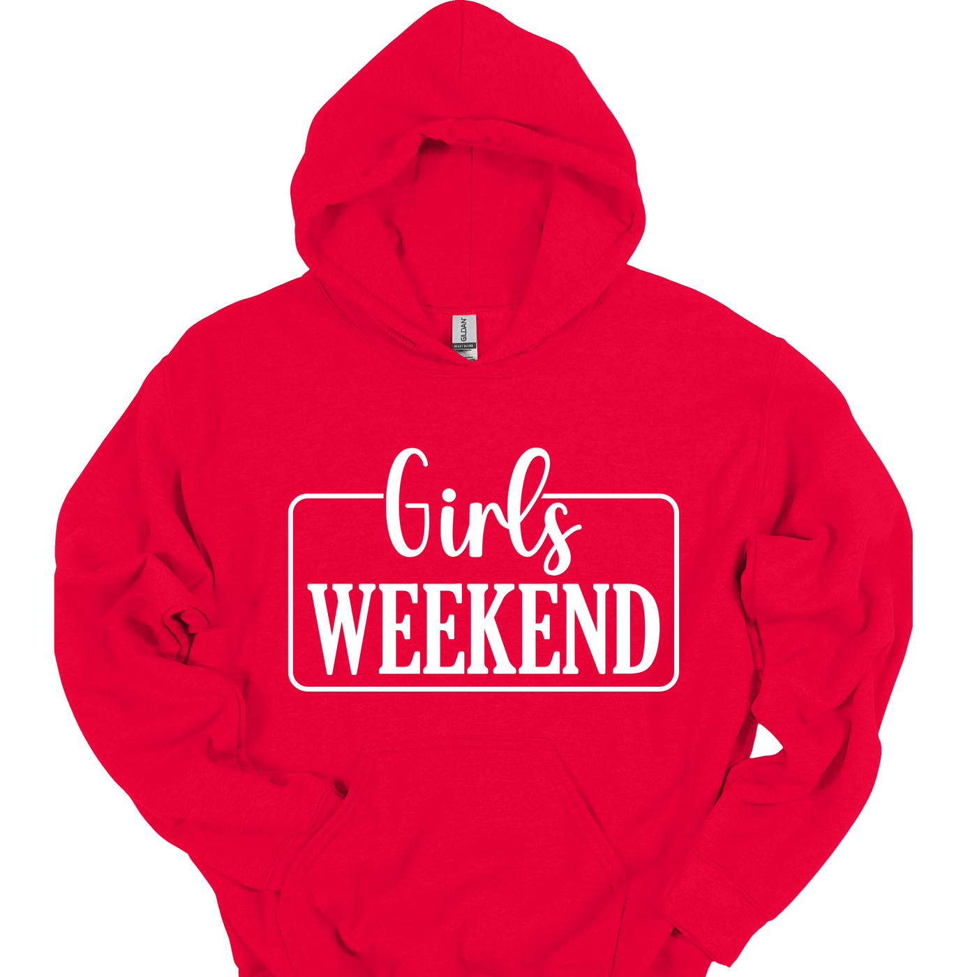 Girls Weekend unisex red hoodie with white framed graphic