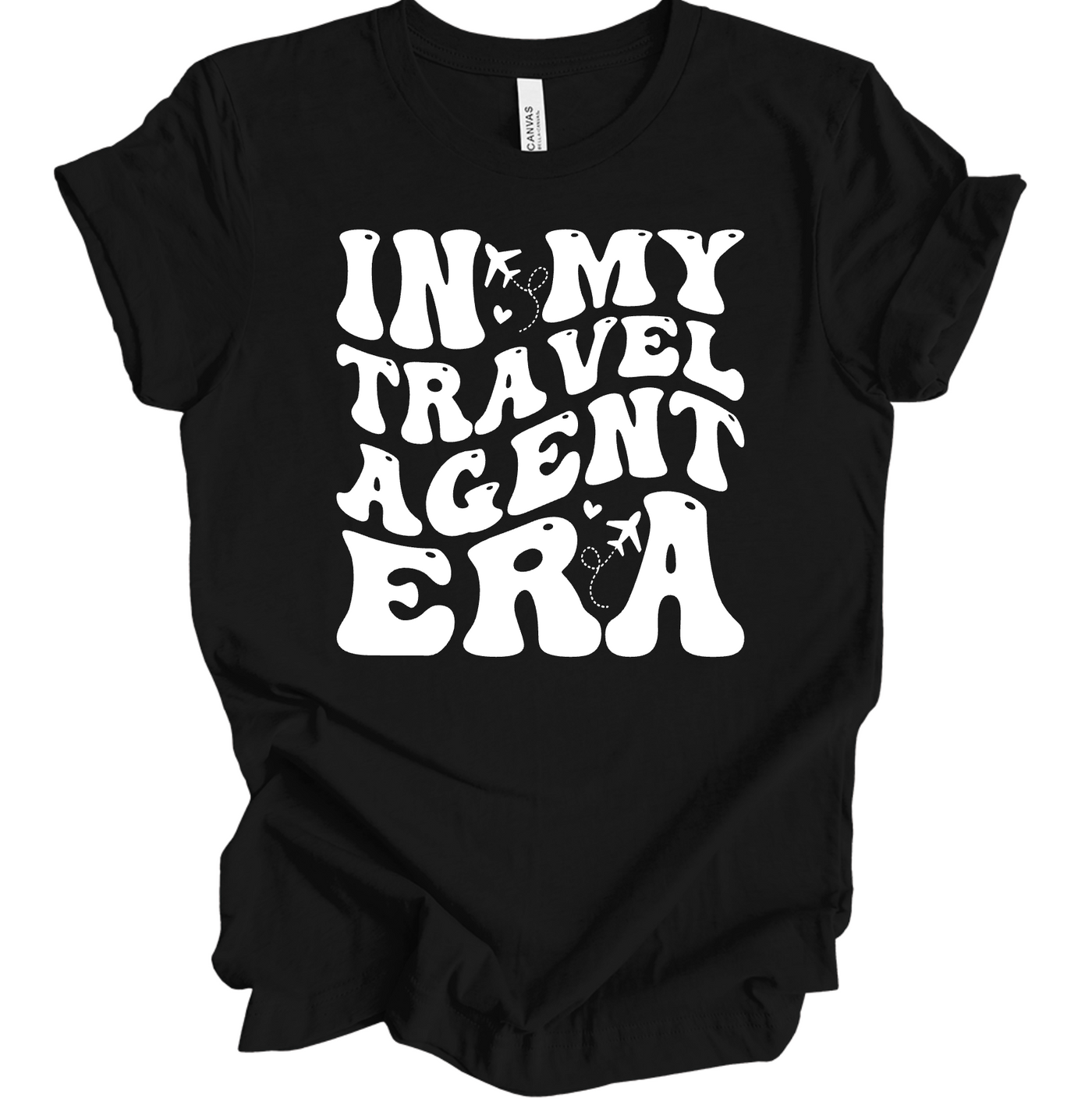 Black t-shirt with white text 'IN MY TRAVEL AGENT ERA'