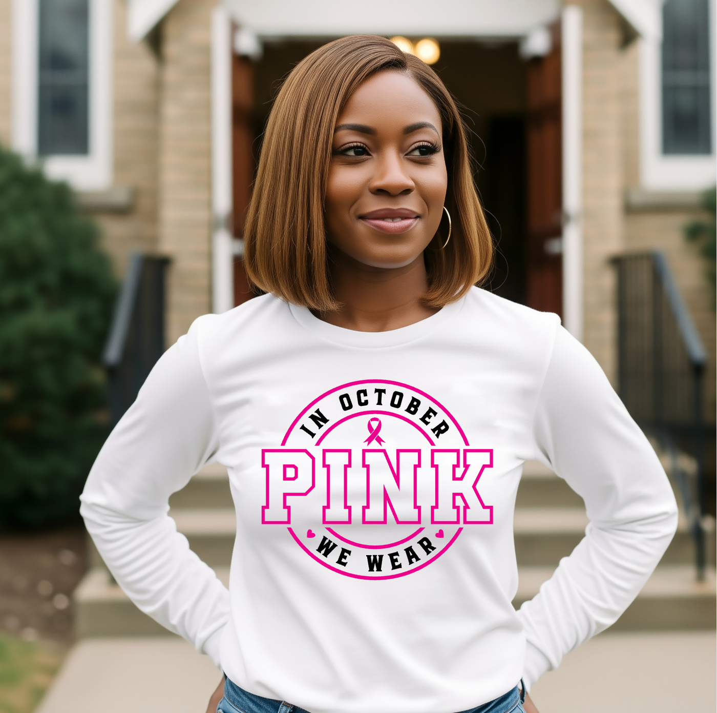 In October We Wear Pink - White Long Sleeve Tee