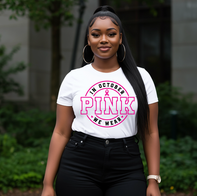 In October We Wear Pink in White T-Shirt