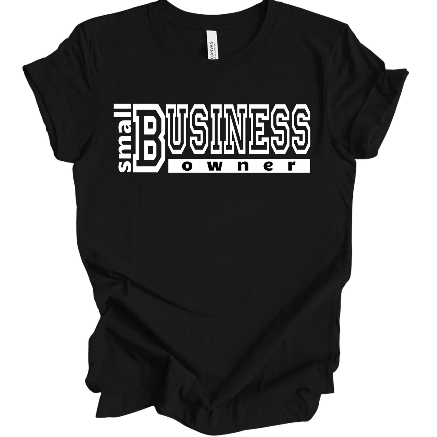 Black t-shirt with 'small BUSINESS owner' text on a white background