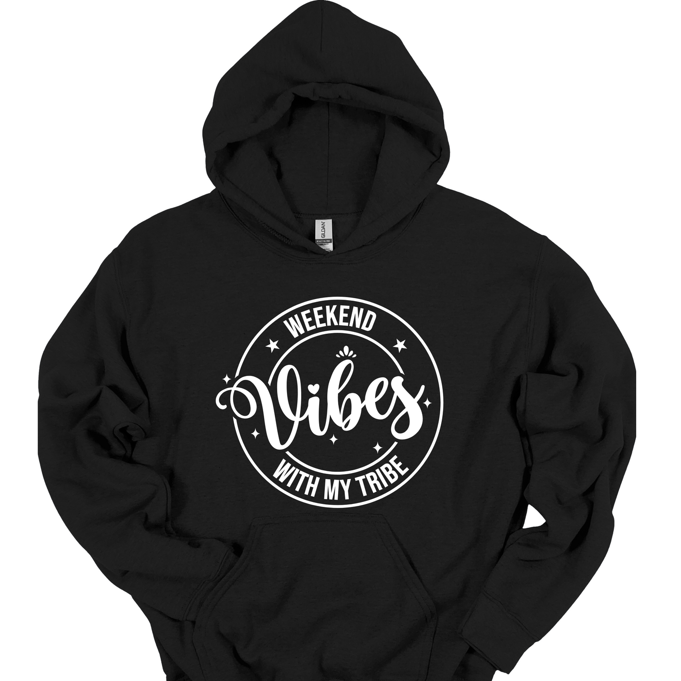 Weekend Vibes With My Tribe unisex black hoodie with round seal graphic