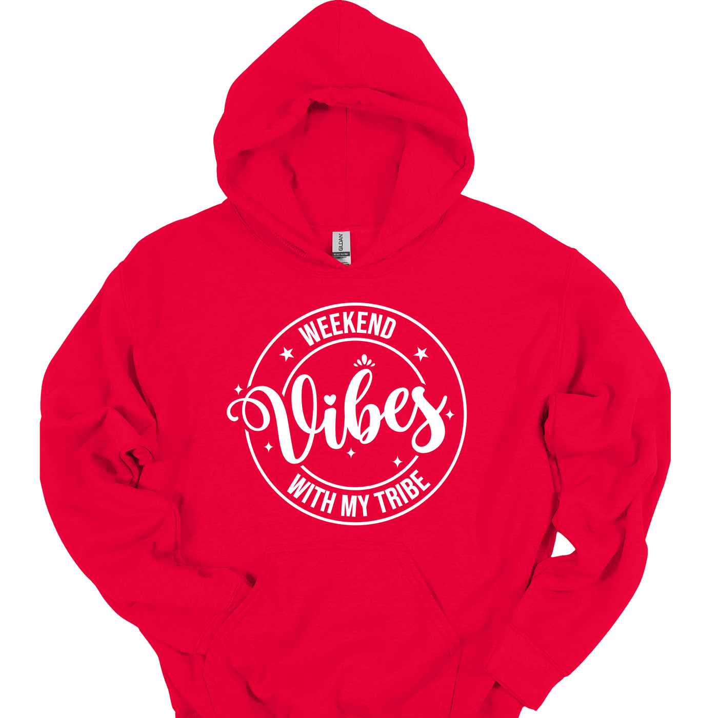 Weekend Vibes With My Tribe unisex red hoodie with round seal graphic