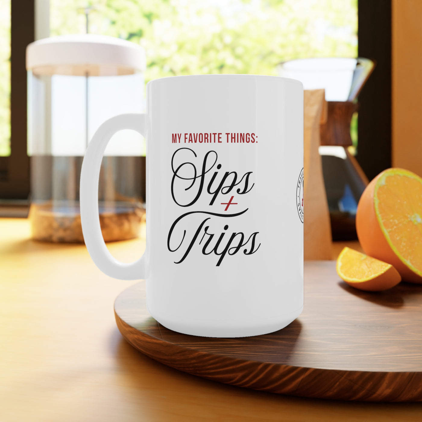 Sips + Trips White Ceramic Mug, 15oz